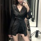 Plain V-neck Long-sleeve Shirt / Plain High-waist Shorts