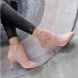 Fabric Bow-accent Pointed Kitten Heel Ankle Boots