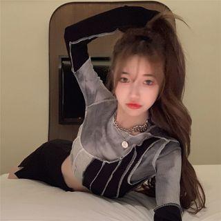 Long-sleeve Tie-dye Mock Two-piece Slim-fit Cropped Top Light Gray - One Size