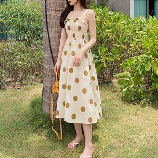 Dotted Print Sleeveless Smocked Sundress Yellow - One Size