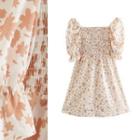 Square-neck Printed Short-sleeve Smocked Dress