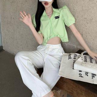 Short-sleeve Embellished Cropped Blouse / Drawstring Pants