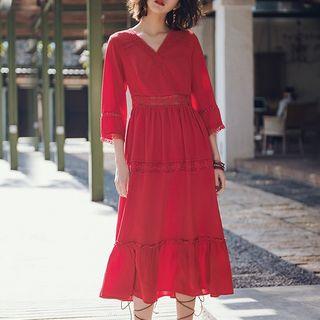 3/4-sleeve Perforated Midi Dress