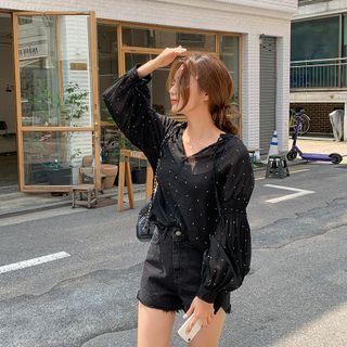 Smocked-sleeve Polka-dot Blouse