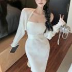 Tie-waist Halter Maxi Bodycon Dress / Long Sleeve Ribbed Cape Top