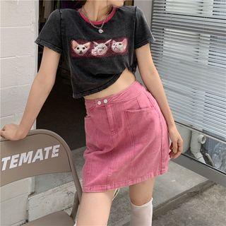 Short-sleeve Cat Print Cropped T-shirt / Denim Mini A-line Skirt
