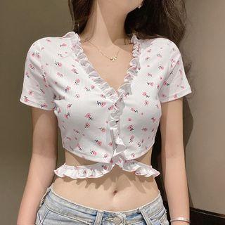 Short-sleeve Ruffle Trim Floral Print Crop Top