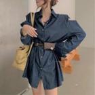 Set: Long-sleeve Denim Shirt + Belt Bag Blue - One Size