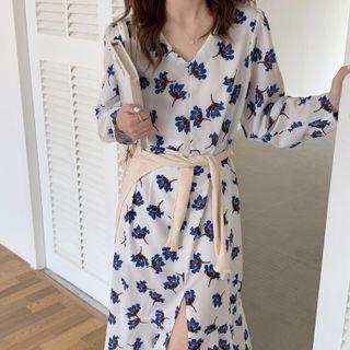 Long-sleeve V-neck Floral Split Dress As Shown In Figure - One Size
