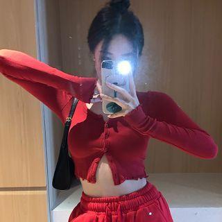 Long-sleeve Button-up Knit Crop Top / Drawstring Loose Fit Pants