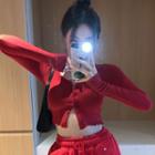 Long-sleeve Button-up Knit Crop Top / Drawstring Loose Fit Pants