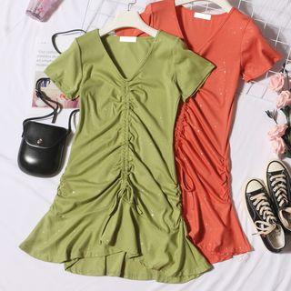 V-neck Sequined Short-sleeve Drawstring T-shirt Dress