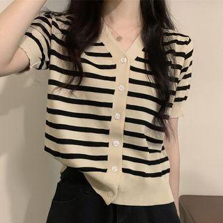 Short-sleeve V-neck Striped Cardigan