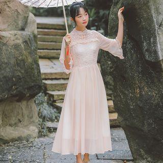 Frog Button Ruffled Elbow-sleeve Lace Panel Chiffon Dress