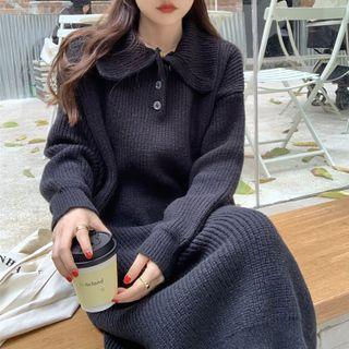 Plain Lapel Long-sleeve Knit Dress