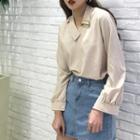Loose-fit Cutout Neck Plain Long-sleeve Blouse
