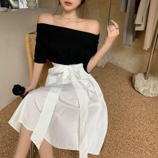 Off-shoulder Two-tone Panel Midi A-line Dress Black & White - One Size