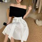 Off-shoulder Two-tone Panel Midi A-line Dress Black & White - One Size