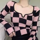 Plaid Cut-out Long-sleeve Knit Top