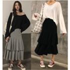 Plain Long-sleeve T-shirt / High Waist Midi Tiered Skirt