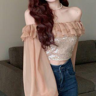 Off-shoulder Sequin Ruffle Blouse