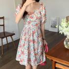 Short-sleeve Floral Print Midi Dress Floral - Pink & White - One Size