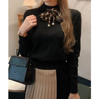 Leopard Print Scarf Knit Top Black - One Size