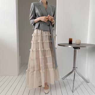 Set: Tie-waist 3/4-sleeve Blazer + Ruffle Trim Maxi A-line Skirt