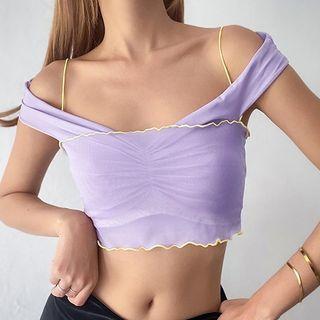 Off Shoulder Ruffled-trim Mesh Crop Top