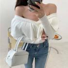 Long-sleeve Off-shoulder Ruffle Trim Knit Top