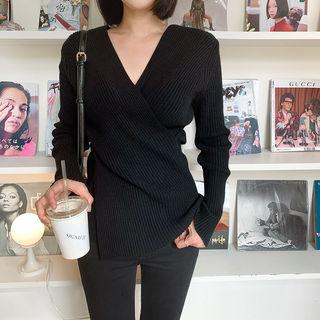 Wrap-front Ribbed Wool Blend Top