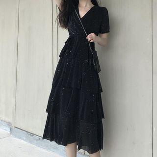 Layered Short-sleeve V-neck Dress