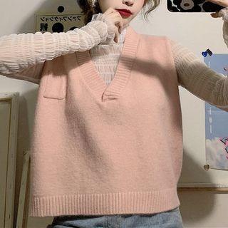 Mock-turtleneck Long-sleeve Shirred Mesh Top / V-neck Knit Vest