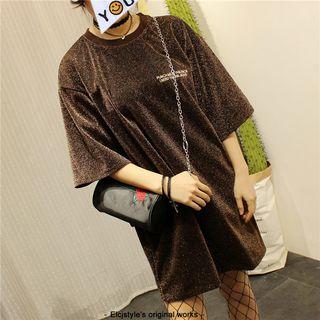 Lettering Embroidered Glitter Elbow-sleeve T-shirt Dress