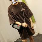 Lettering Embroidered Glitter Elbow-sleeve T-shirt Dress