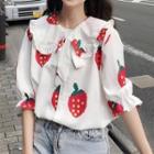 Elbow-sleeve Fruit Print Shirt Red Strawberry - White - One Size