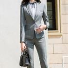 Set: Plain Blazer + Slim-fit Dress Pants + Tie-neck Shirt