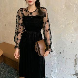 Mock Two Piece Mesh Panel Floral Velvet Dress Black - One Size