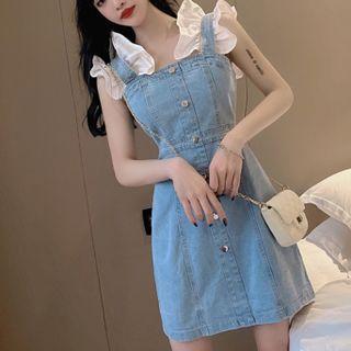 Ruffle Trim Denim Mini A-line Dress