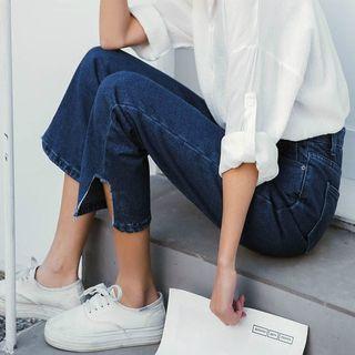 Slit-side Straight-cut Boyfriend Jeans