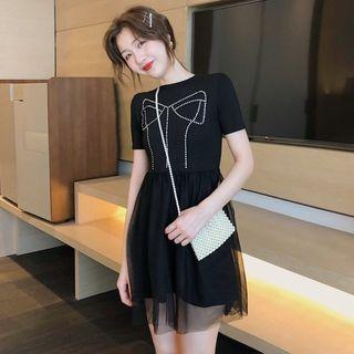 Short-sleeve Sheer Panel A-line Dress Black - One Size