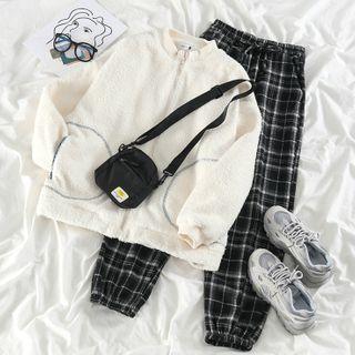 Fleece Loose-fit Jacket / Plaid Jogger Pants