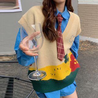 Color Block Sweater Vest / Letter Embroidered Shirt / Plaid Necktie