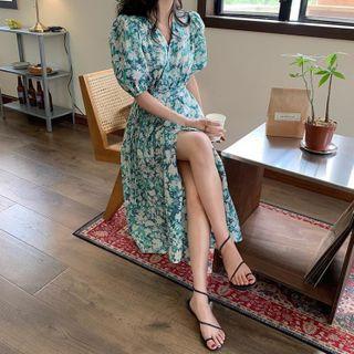 Puff-sleeve Floral Print Slit Midi A-line Dress Green - One Size