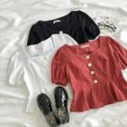 Plain Single-breasted Square-neck Short-sleeve Top