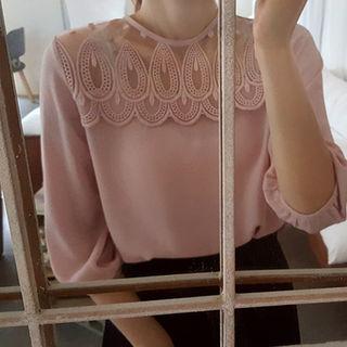 Sheer Lace-yoke 3/4-sleeve Top