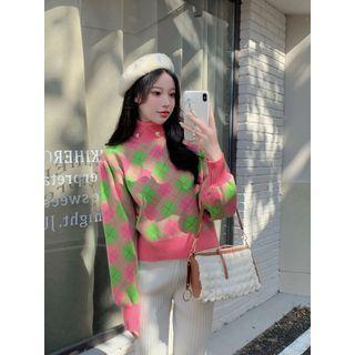Turtleneck Argyle Sweater Pink - One Size