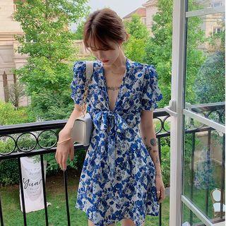Floral Short-sleeve Cutout Mini A-line Dress