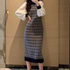 Puff-sleeve Pattern Knit Dress