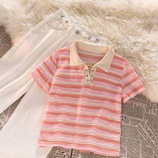 Short-sleeve Striped Polo Shirt / Straight Leg Pants